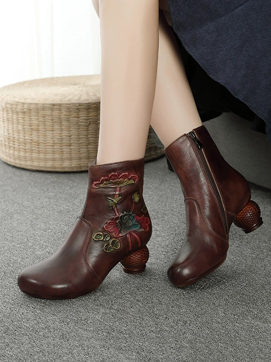 Women Vintage Flower Genuine Leather Mid Heel Ankle Boots