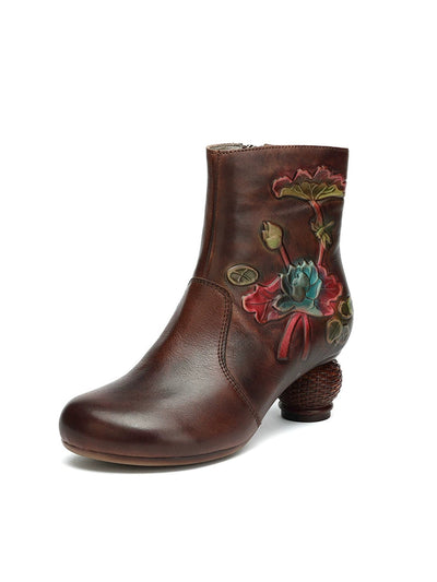 Women Vintage Flower Genuine Leather Mid Heel Ankle Boots