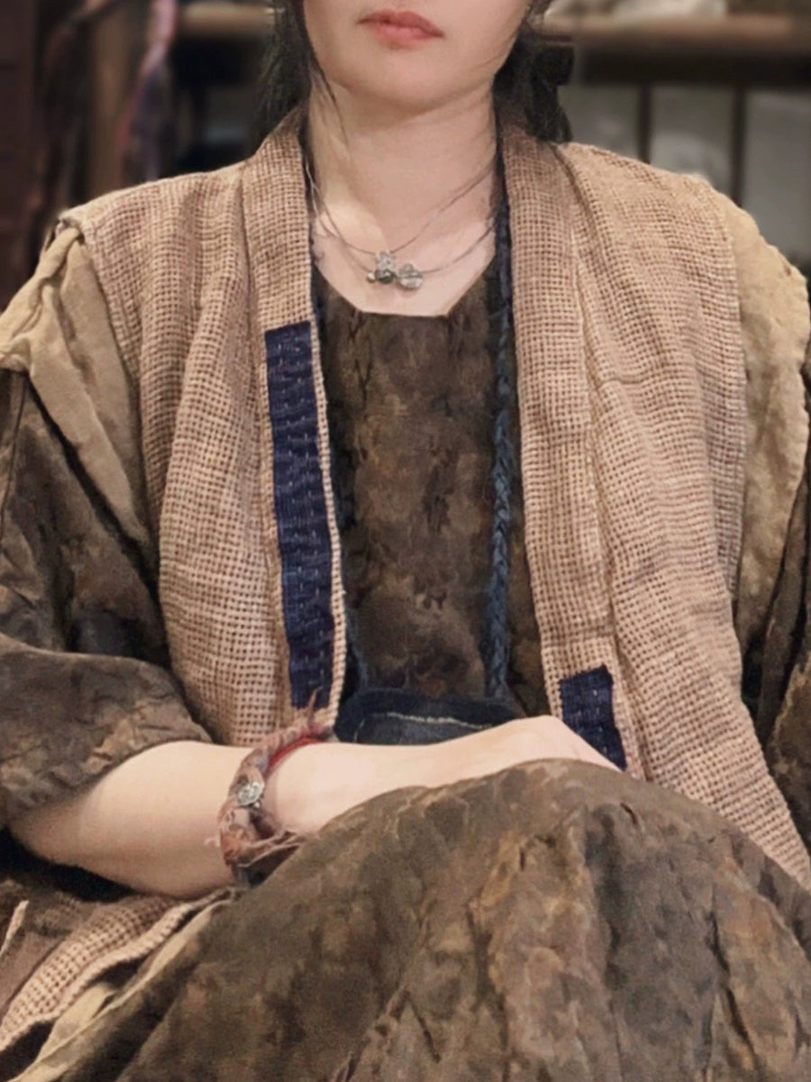 Women Autumn Retro Plaid Patch Linen V-Neck Vest