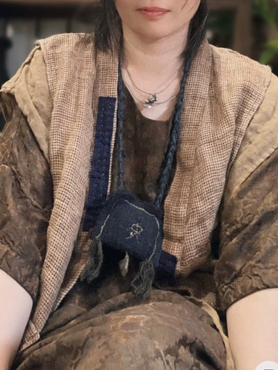 Women Autumn Retro Plaid Patch Linen V-Neck Vest