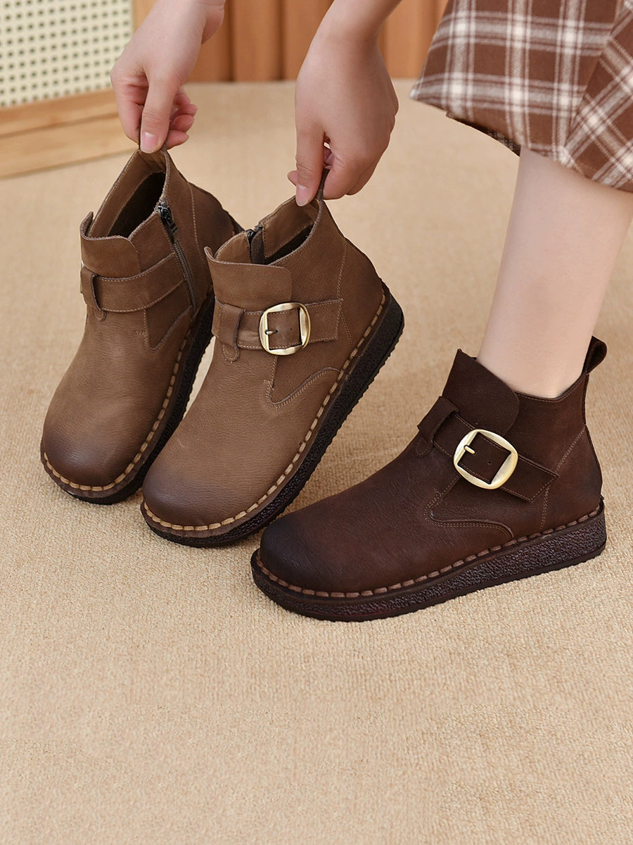Women Vintage Genuine Leather Low Heel Ankle Boots