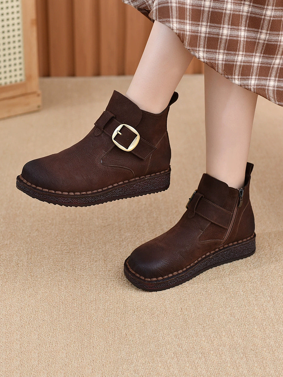 Women Vintage Genuine Leather Low Heel Ankle Boots