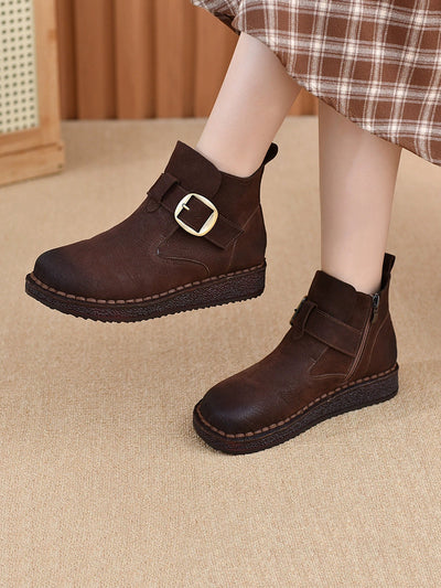 Women Vintage Genuine Leather Low Heel Ankle Boots