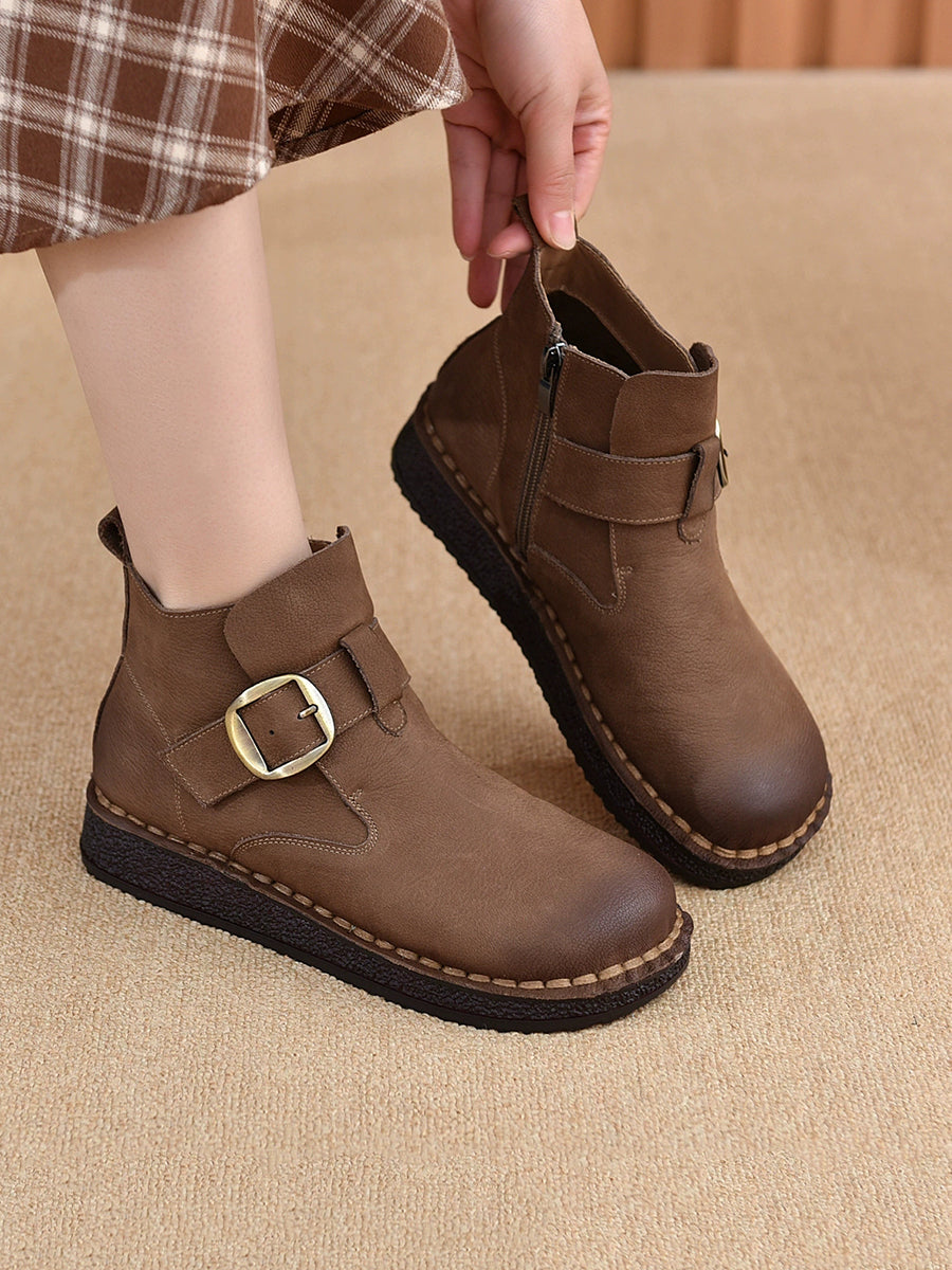 Women Vintage Genuine Leather Low Heel Ankle Boots