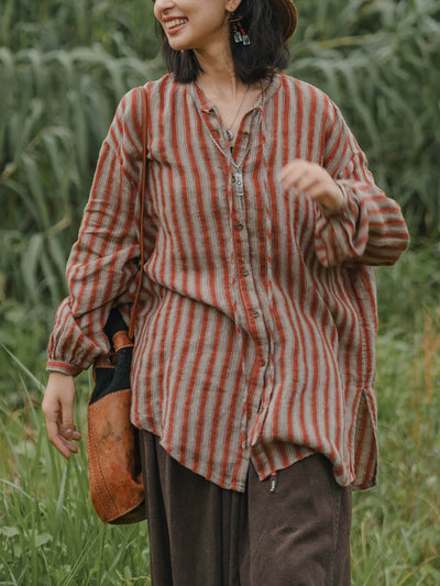 Plus Size Women Autumn Retro Stripe 100%Linen V-Neck Shirt