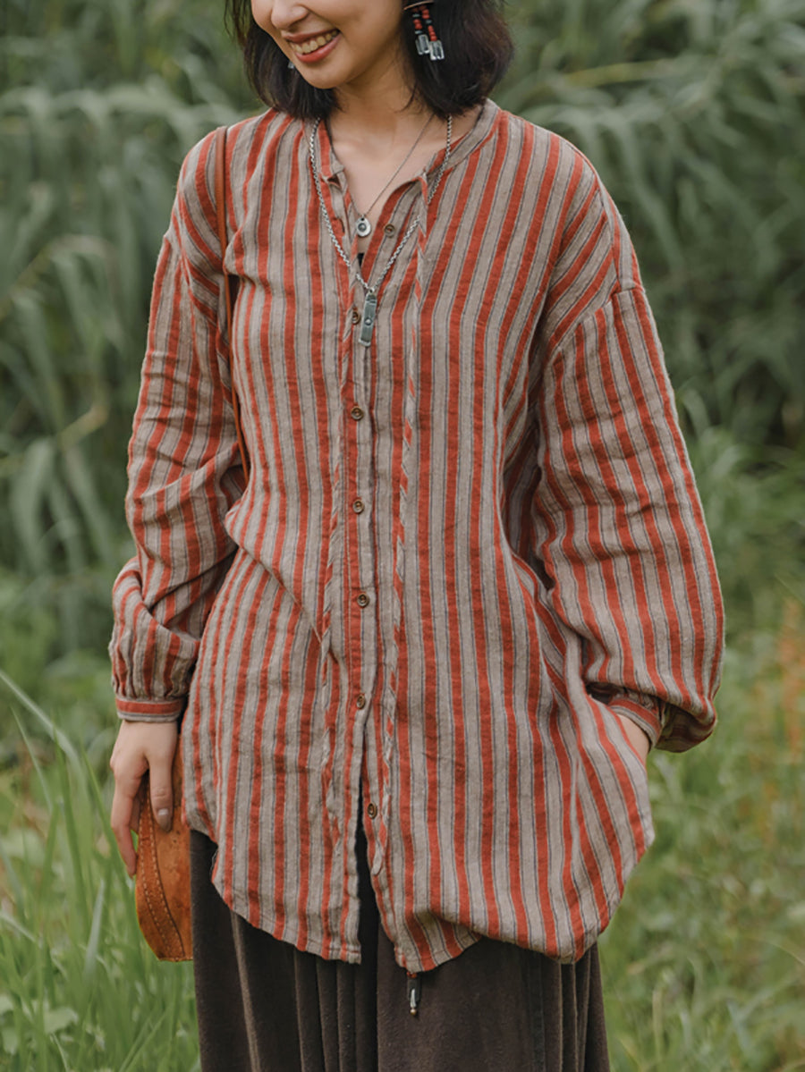 Plus Size Women Autumn Retro Stripe 100%Linen V-Neck Shirt