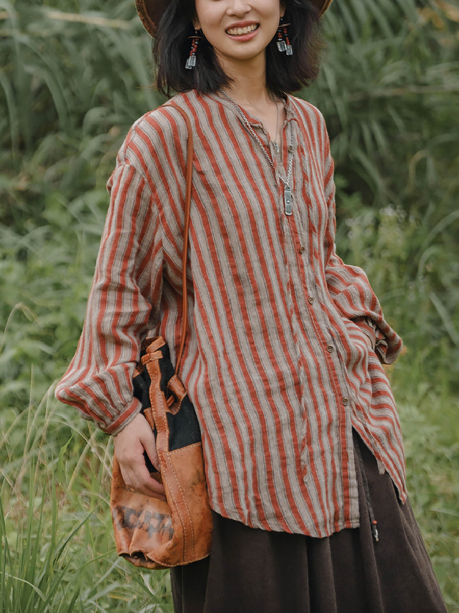 Plus Size Women Autumn Retro Stripe 100%Linen V-Neck Shirt