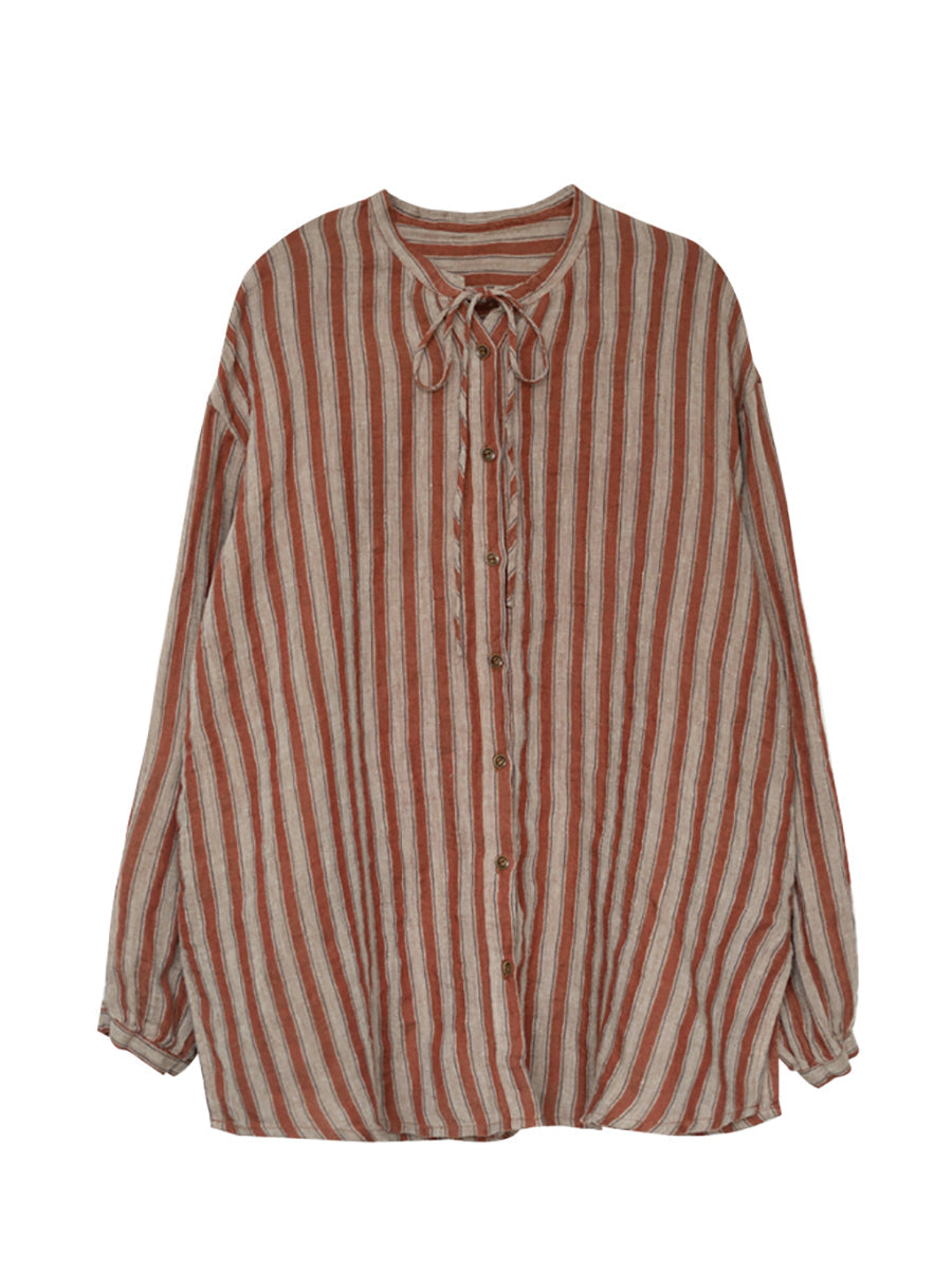 Plus Size Women Autumn Retro Stripe 100%Linen V-Neck Shirt