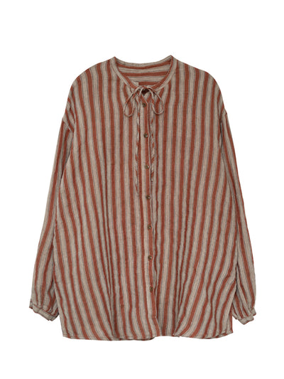 Plus Size Women Autumn Retro Stripe 100%Linen V-Neck Shirt