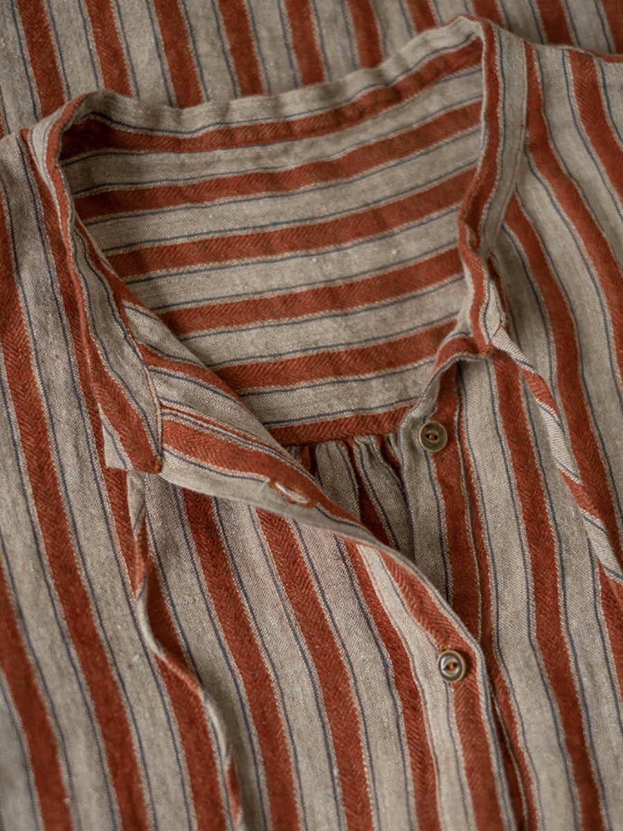 Plus Size Women Autumn Retro Stripe 100%Linen V-Neck Shirt