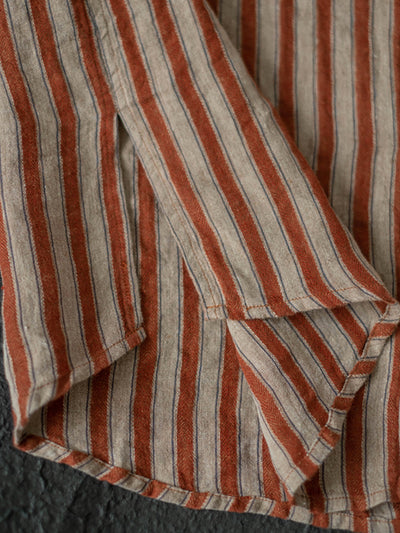 Plus Size Women Autumn Retro Stripe 100%Linen V-Neck Shirt