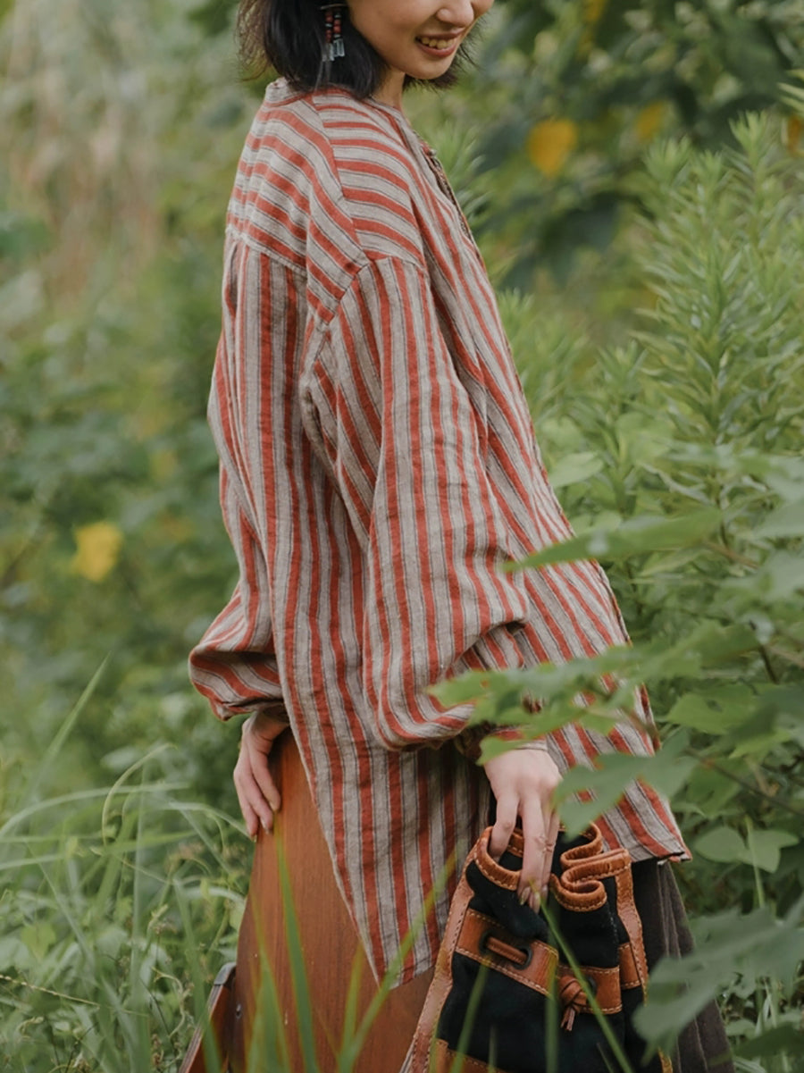 Plus Size Women Autumn Retro Stripe 100%Linen V-Neck Shirt