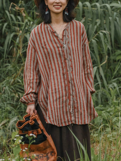 Plus Size Women Autumn Retro Stripe 100%Linen V-Neck Shirt