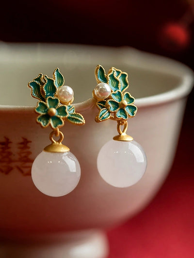 Women Ethnic S925Silver Enamel Pearl Jade Earrings