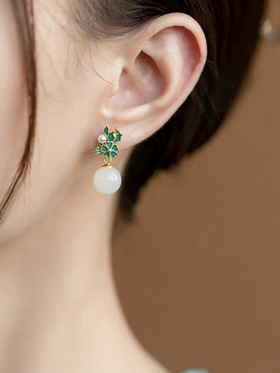 Women Ethnic S925Silver Enamel Pearl Jade Earrings