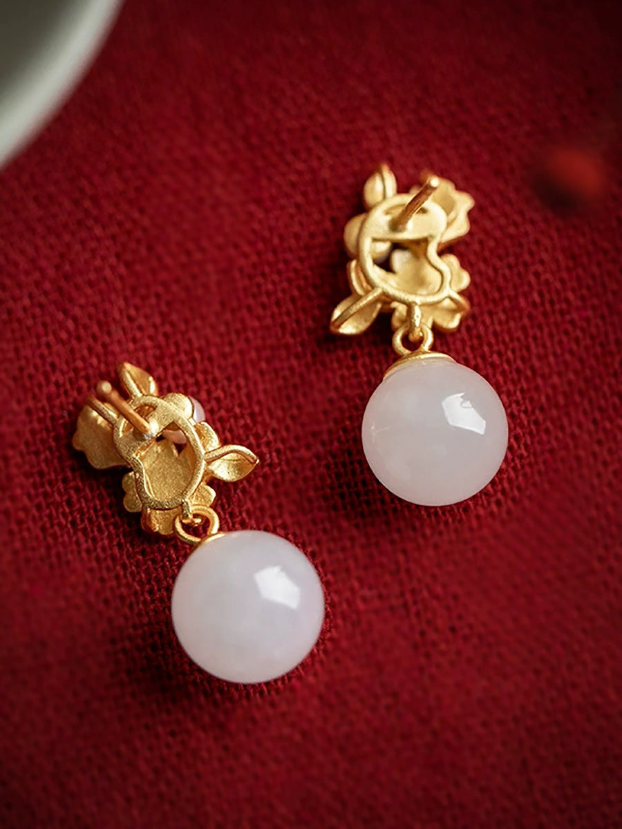 Women Ethnic S925Silver Enamel Pearl Jade Earrings