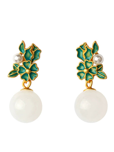 Women Ethnic S925Silver Enamel Pearl Jade Earrings