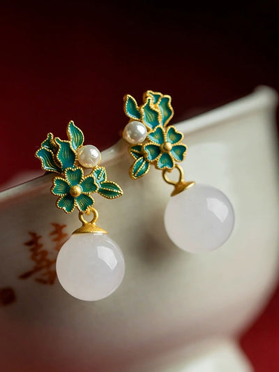 Women Ethnic S925Silver Enamel Pearl Jade Earrings