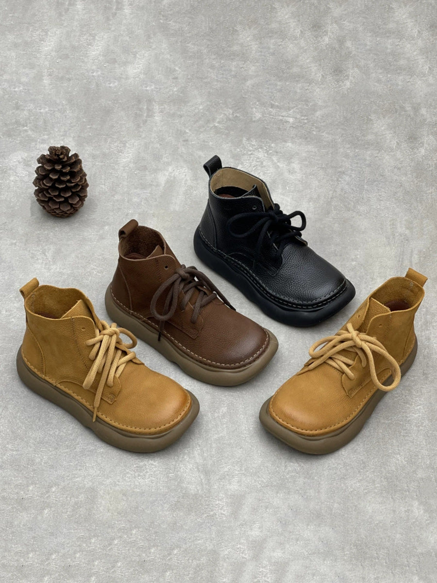 Women Winter Pure Color Genuine Leather Flat Boots