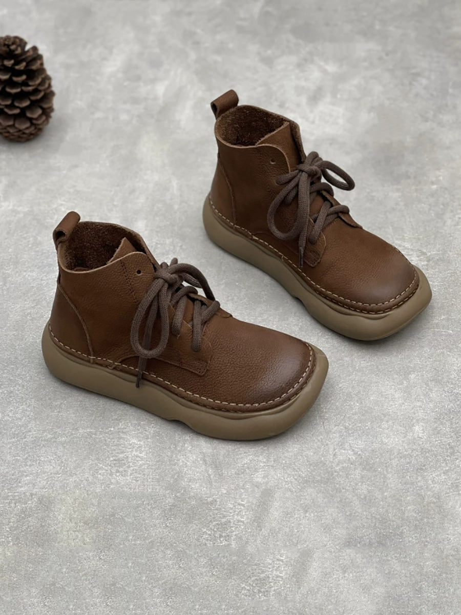 Women Winter Pure Color Genuine Leather Flat Boots