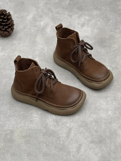 Women Winter Pure Color Genuine Leather Flat Boots