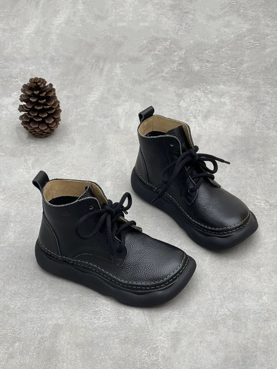 Women Winter Pure Color Genuine Leather Flat Boots