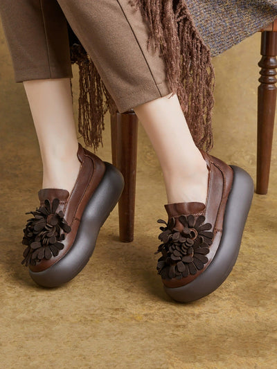 Women Vintage Flower Spliced Genuine Leather Platfrom Shoes