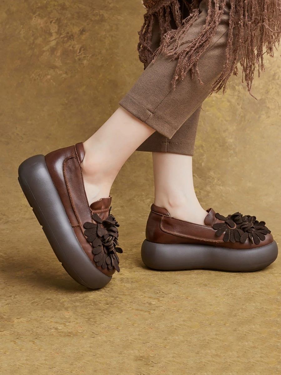 Women Vintage Flower Spliced Genuine Leather Platfrom Shoes