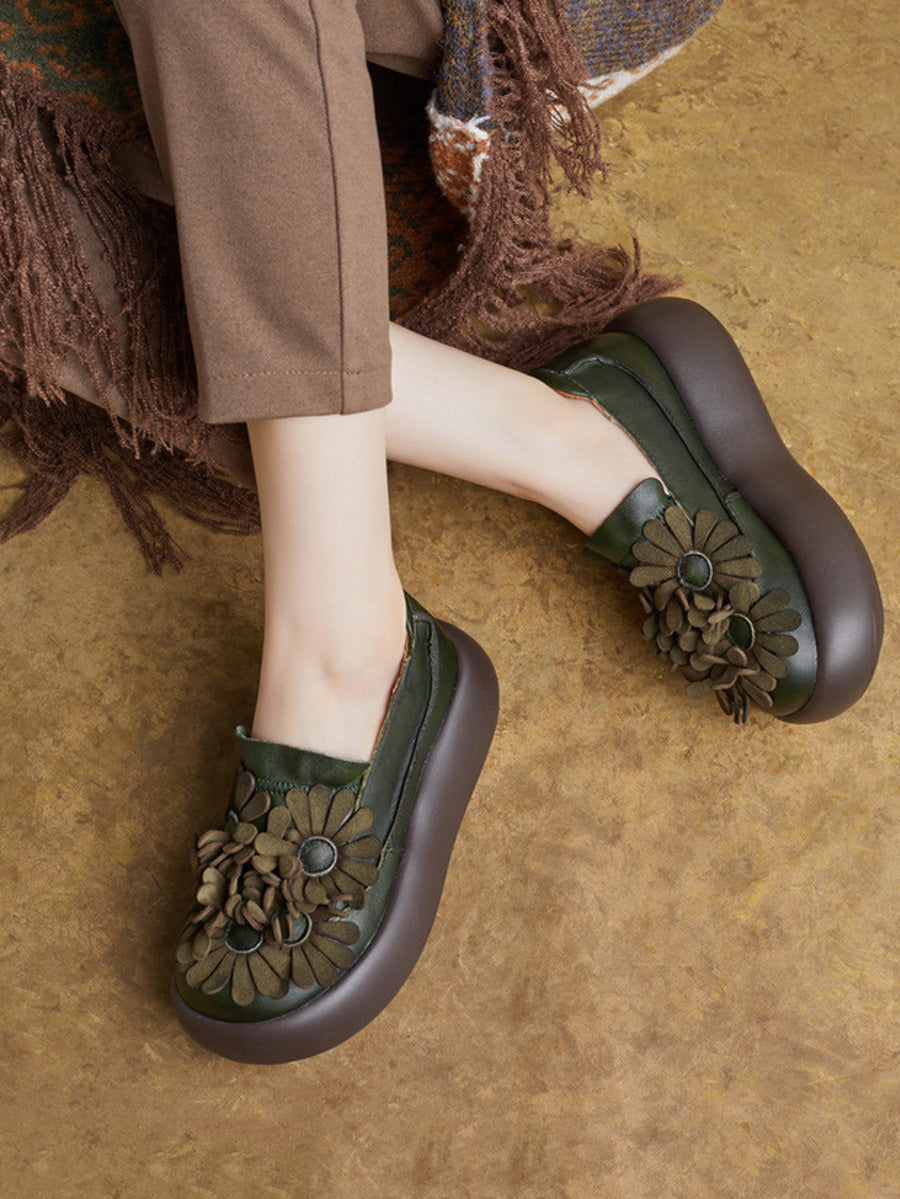 Women Vintage Flower Spliced Genuine Leather Platfrom Shoes