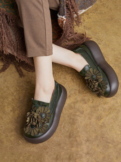 Women Vintage Flower Spliced Genuine Leather Platfrom Shoes