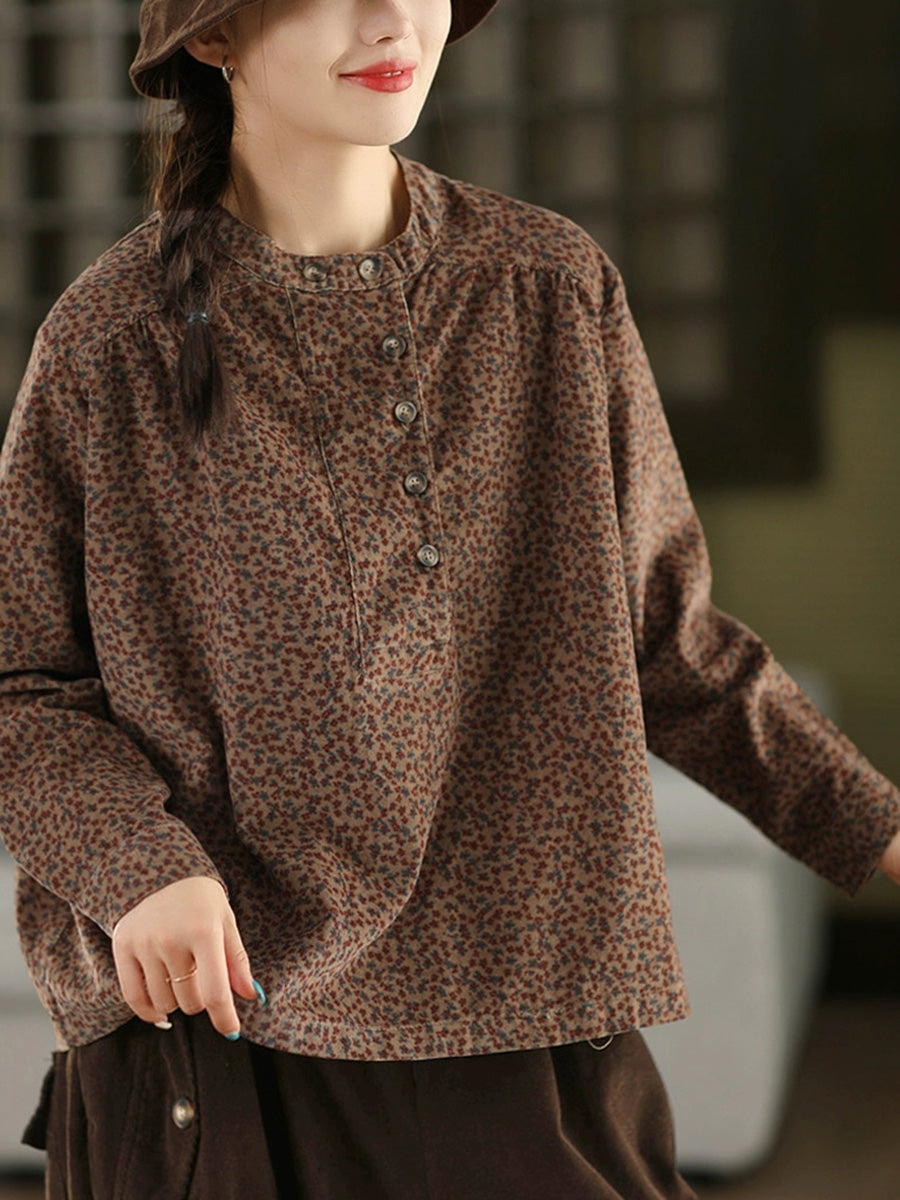 Women Autumn 100%Cotton Floral Stand Collar Shirt