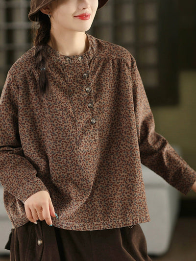 Women Autumn 100%Cotton Floral Stand Collar Shirt