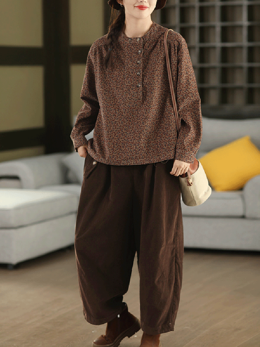 Women Autumn 100%Cotton Floral Stand Collar Shirt