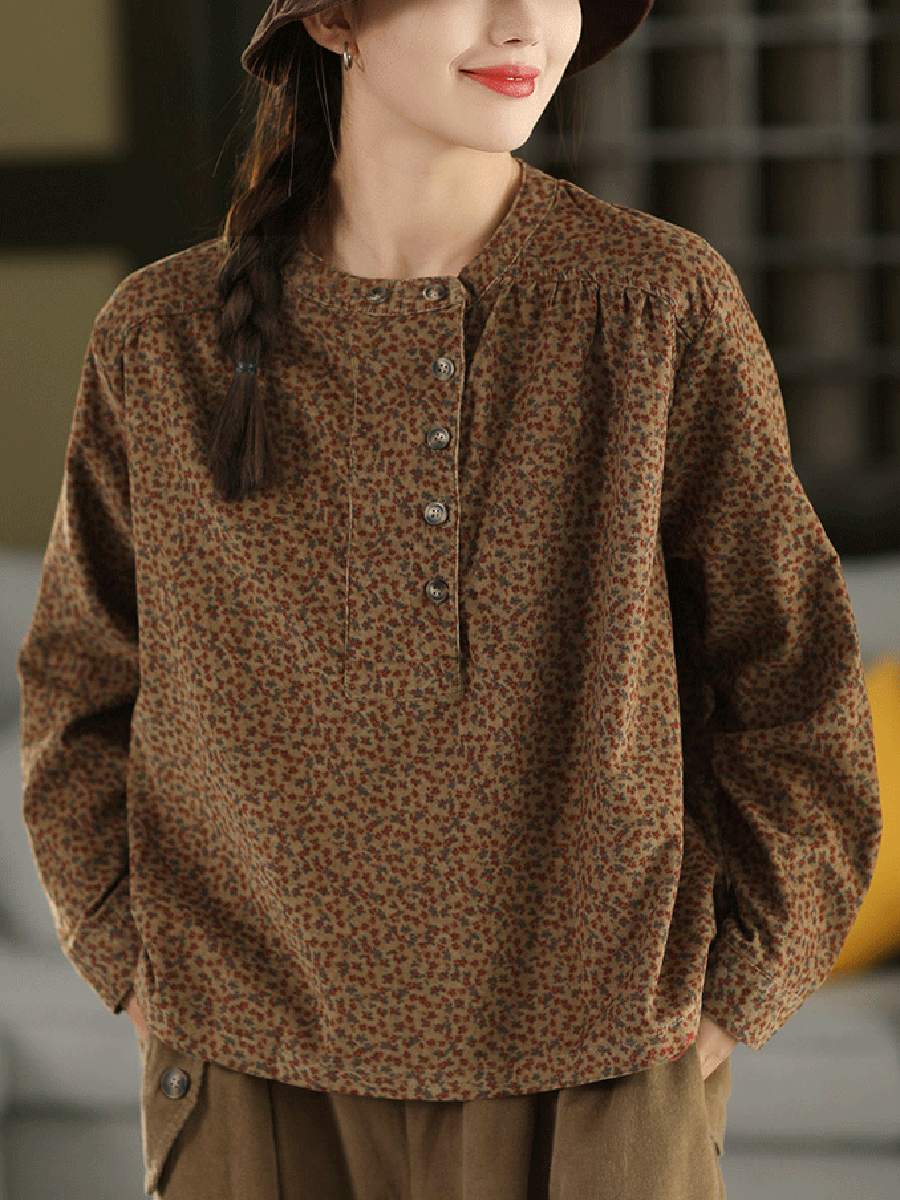 Women Autumn 100%Cotton Floral Stand Collar Shirt