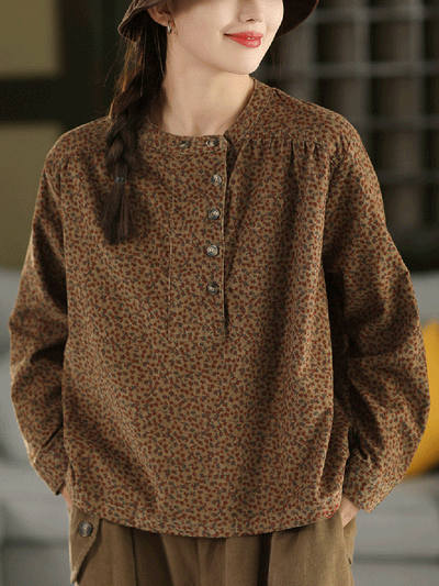 Women Autumn 100%Cotton Floral Stand Collar Shirt