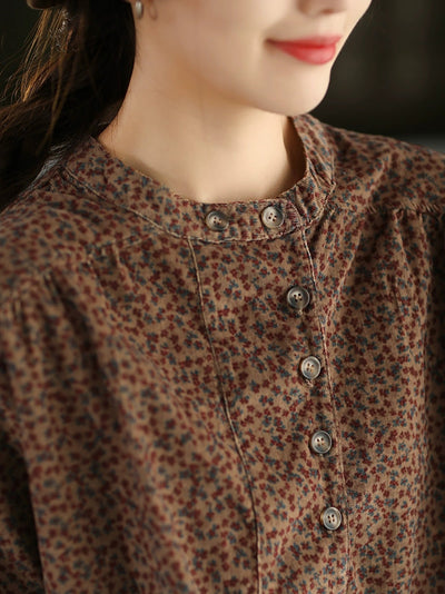Women Autumn 100%Cotton Floral Stand Collar Shirt
