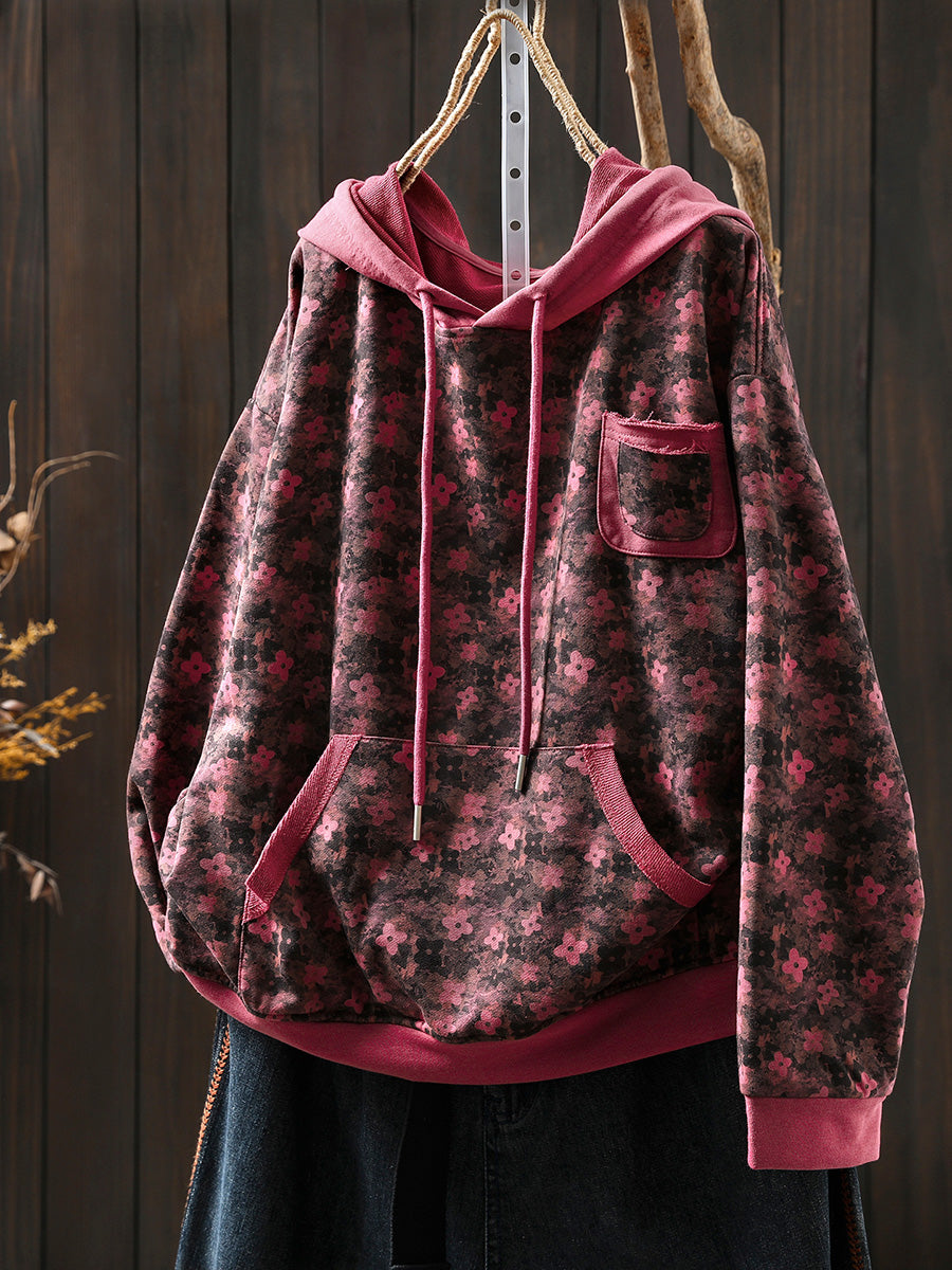 Women Autumn Flower Hooded 100%Cotton Sweatshirt