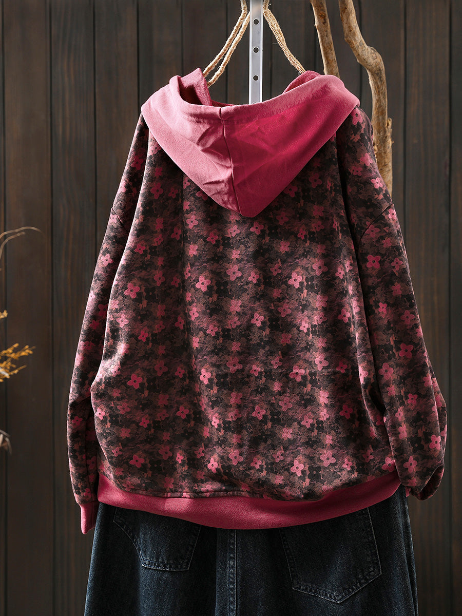 Women Autumn Flower Hooded 100%Cotton Sweatshirt