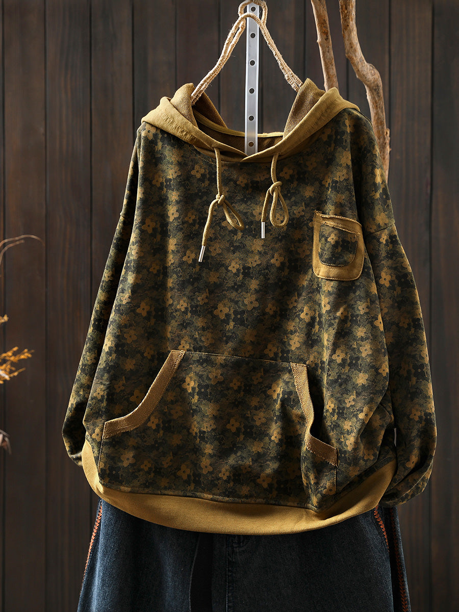 Women Autumn Flower Hooded 100%Cotton Sweatshirt