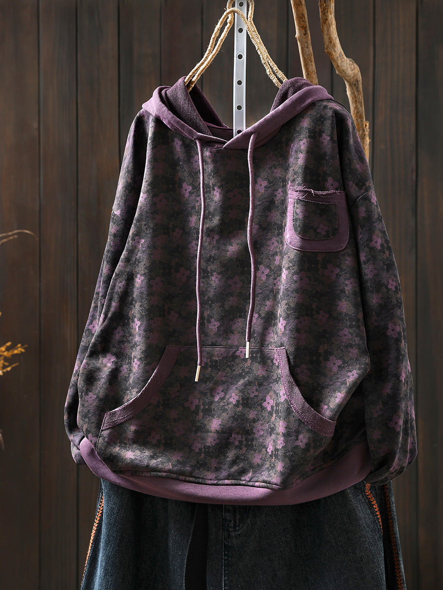 Women Autumn Flower Hooded 100%Cotton Sweatshirt