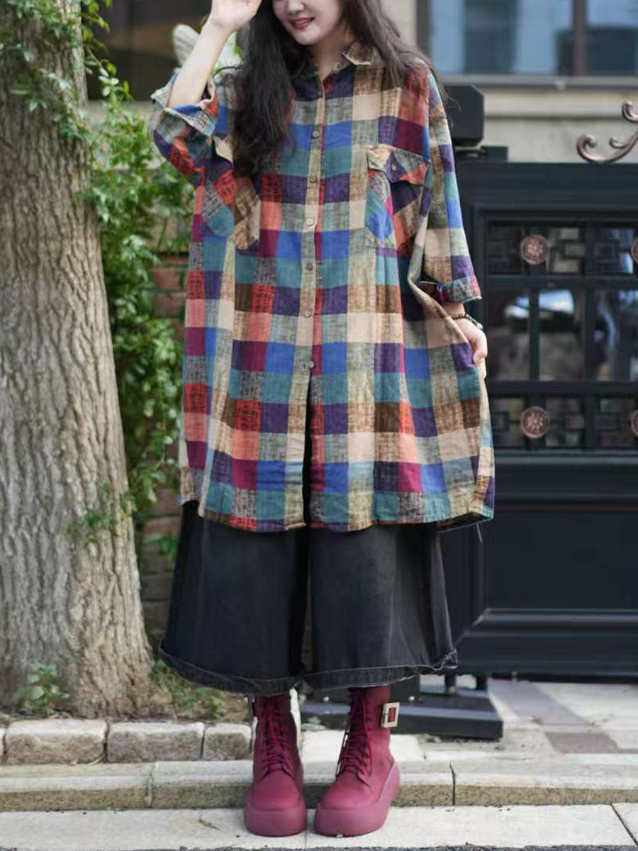 Women Autumn Plaid 100%Cotton Turn-down Collar Shirt