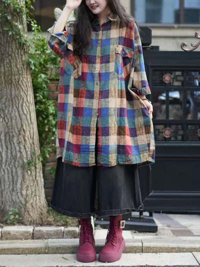 Women Autumn Plaid 100%Cotton Turn-down Collar Shirt