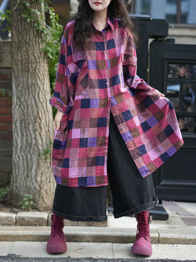 Women Autumn Plaid 100%Cotton Turn-down Collar Shirt