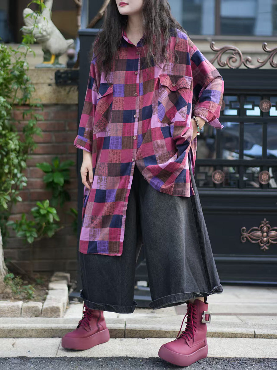 Women Autumn Plaid 100%Cotton Turn-down Collar Shirt