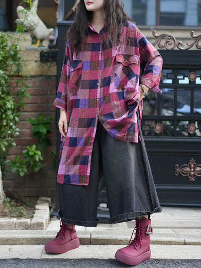 Women Autumn Plaid 100%Cotton Turn-down Collar Shirt