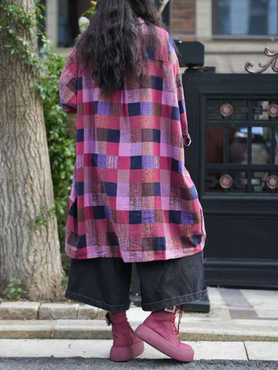 Women Autumn Plaid 100%Cotton Turn-down Collar Shirt