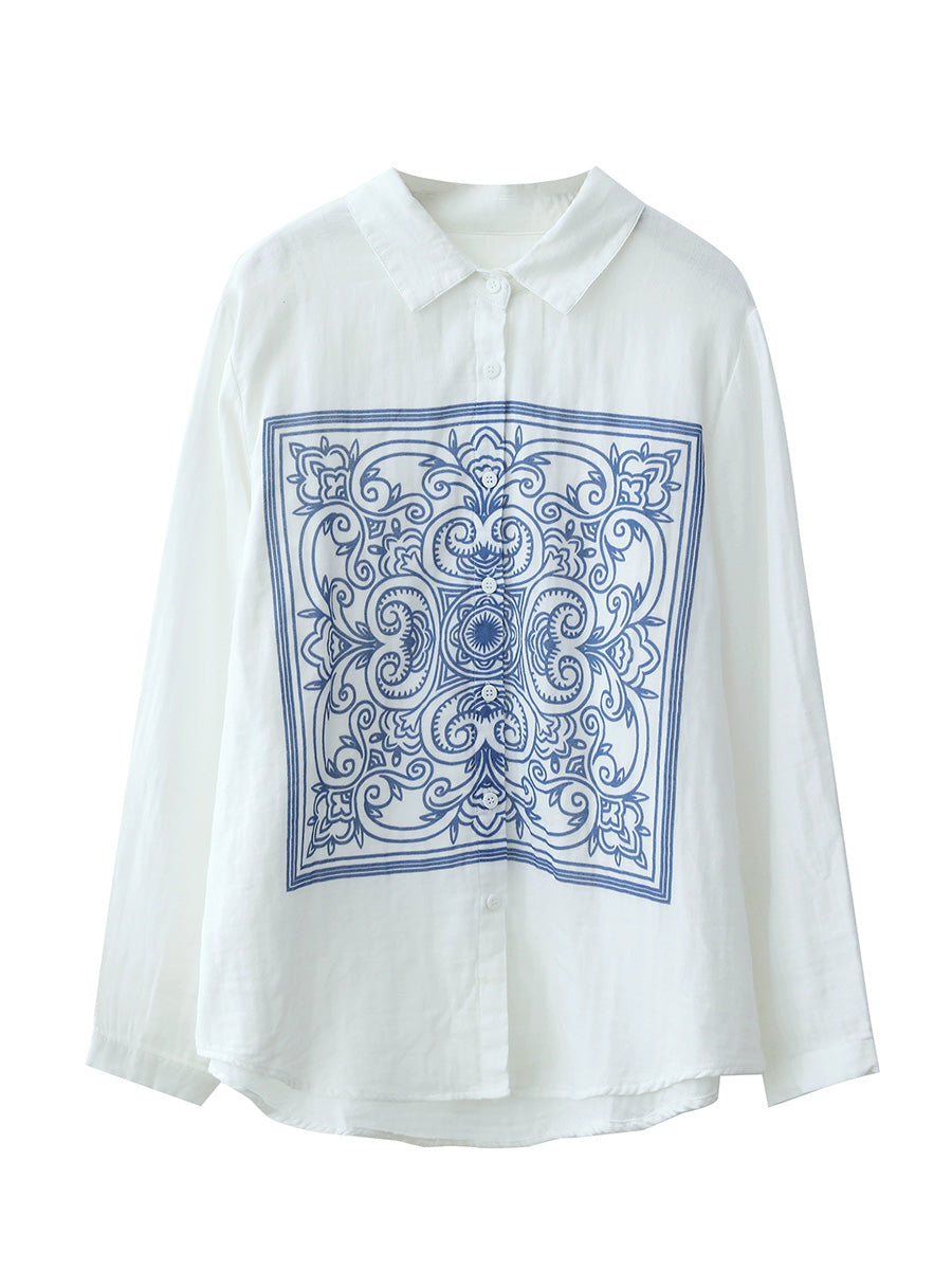 Women Autumn Artsy Flower 100%Cotton Turn-down Collar Shirt