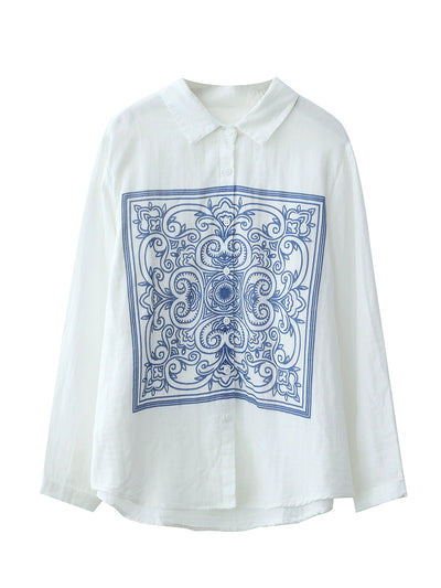 Women Autumn Artsy Flower 100%Cotton Turn-down Collar Shirt