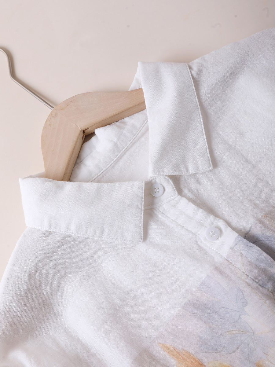 Women Autumn Artsy Flower 100%Cotton Turn-down Collar Shirt