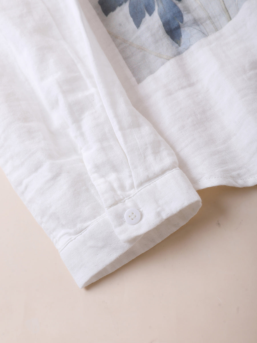 Women Autumn Artsy Flower 100%Cotton Turn-down Collar Shirt